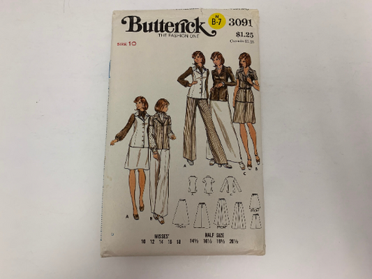 Butterick Sewing Pattern 3091 Misses' Shirt, Top, Tunic, Skirt, Pants, Two Lengths, Button Front, Collar, Fitted, Size 10, Uncut, Vintage 1970