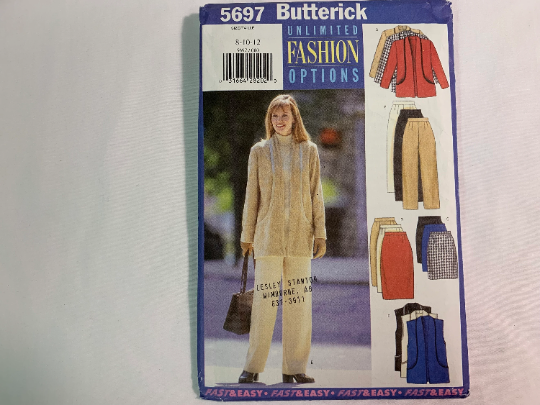 Butterick Sewing Pattern 5697 Misses' Jacket, Vest, Skirt, Pants, Loose-Fitting, Pockets, Zipper, Straight Legged, Size 8-12, Uncut, Vintage 1998