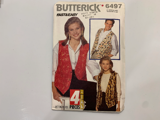 Butterick Sewing Pattern 6497 Misses' Vest, Lined, Button Front, Loose-Fitting, Size 30-48, Uncut, Vintage 1992