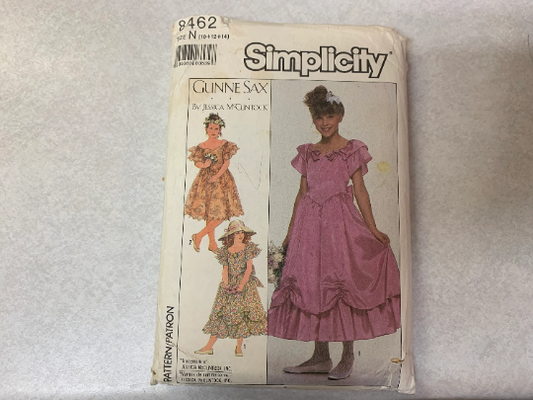Simplicity Jessica McClintock Sewing Pattern 8462 Girls' Lined Dress, Full Skirt, Zipper, Short Sleeves, Ruffles, Tie Back, Underskirt, Size 10-14, Cut, Vintage 1987