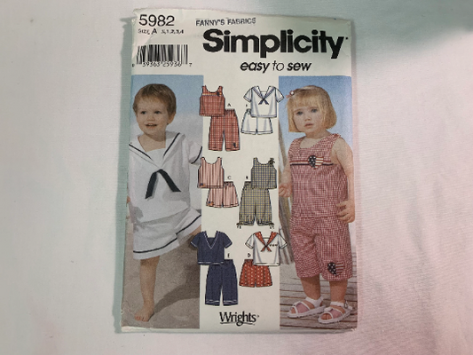 Simplicity Sewing Pattern 5982 Toddlers' Shorts, Two Lengths, Top, Shirt, Pullover, Pull-On, Short Sleeves, Sleeveless, Size 1/2-4, Uncut, 2002