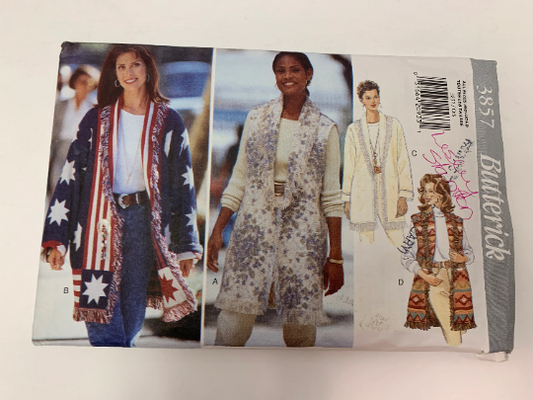 Butterick Sewing Pattern 3857 Misses' Jacket, Sleeveless Vest, Unlined, Shawl Collar, Long Sleeves, Loose-Fitting, Size 6-16, Uncut, Vintage 1995