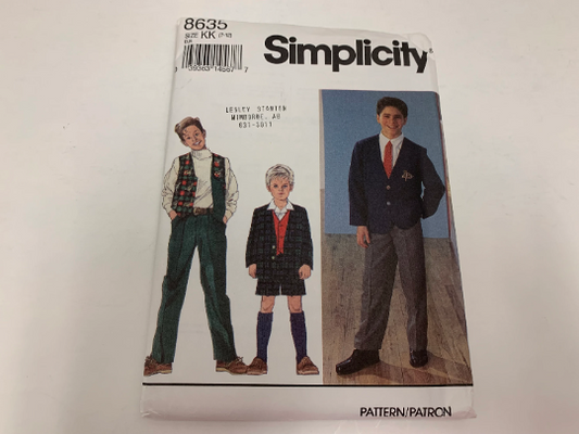 Simplicity Sewing Pattern 8635 Boys' Lined Jacket, Pants, Vest, Shorts, Zipper Front, Pockets, Button Front, Long Sleeves, Size 7-12, Uncut, Vintage 1993
