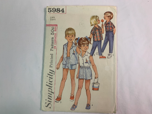 Simplicity Sewing Pattern 5984 Girl's/Boy's, Tops, Shorts, Button Front, Collar, Sleeveless, Short Sleeves, Pockets Size 4, Cut, Vintage 1965