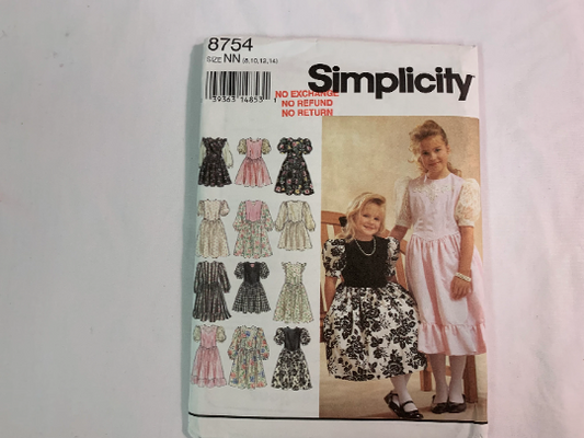 Simplicity Sewing Pattern 8754 Girls' Dress, Long/Short Sleeves, Two Lengths, Full Skirt, Zipper, Ruffles, 3 Variations Size 8-14, Uncut, Vintage 1996 Media 1 of 2