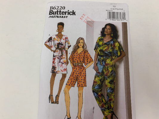 Butterick Sewing Pattern B6220 Misses' Dress, Jumpsuit, Pullover, Pull-On, Loose-Fitting, Pockets, Mock Wrap, Size 16-26, Uncut, 2015