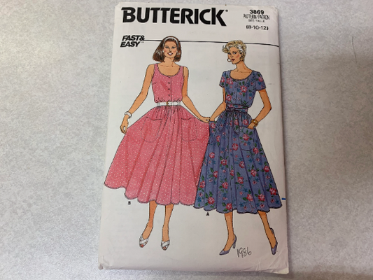 Butterick Sewing Pattern 3869 Misses' Dress, Flared, Button Front, Belt, Shoulder Pads, Short Sleeves, Pockets, Size 8-12, Uncut, Vintage 1986