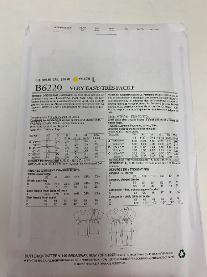 Butterick Sewing Pattern B6220 Misses' Dress, Jumpsuit, Pullover, Pull-On, Loose-Fitting, Pockets, Mock Wrap, Size 16-26, Uncut, 2015
