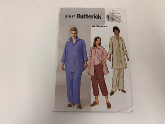 Butterick Sewing Pattern 3907 Misses' Shirt, Top, Tunic, Dress, Pants, Loose-Fitting, Button Front, Side Slit, Size 16W-20W, Uncut, 2003
