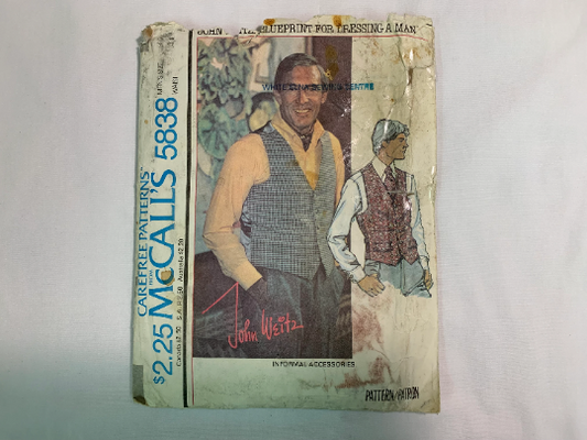 McCall's Sewing Pattern 5838 Men's Accessories, Vest, Tie, Belt, Ribbon Belt, Scarf, Pocket, Button Front, Sleeveless, Size 40, Cut, Vintage 1977