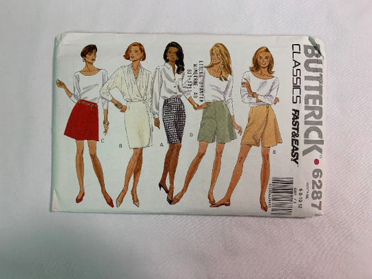 Butterick Sewing Pattern 6287 Misses'/Misses' Petite Skirt, Shorts, Mock Front, Semi-Fitted, Two Lengths, Zipper, A-Line, 5 Variations, Wrap, Size 6-12, Uncut, Vintage 1992