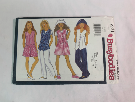Butterick Sewing Pattern 3921 Girls' Vest, Top, Shorts, Pants & Hat, Semi-Fitted, Pullover, Short Sleeves, Size 7-10, Uncut, Vintage 1995