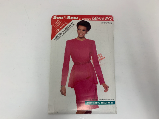 Butterick Sewing Pattern See & Sew 6895 Misses' Wrap Top, Straight Skirt, Shoulder Pads, Fitted, Back Zipper, Button Front, Size 12-16, Uncut, Vintage 1988