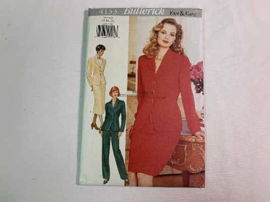 Butterick Sewing Pattern 4153 Misses' Top, Skirt, Pants, Button Front, Semi-Fitted, Collar, Shoulder Pads, Two Lengths, Size 12-16, Uncut, Vintage 1995