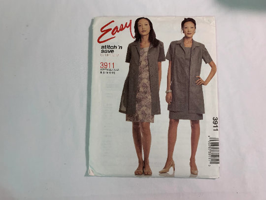 McCall's Sewing Pattern 3911 Misses'/Miss Petite Unlined Jacket, Sleeveless Dress, Loose-Fitting, Two Lengths, Button Front, Pullover, Size 8-14, Uncut, 2003