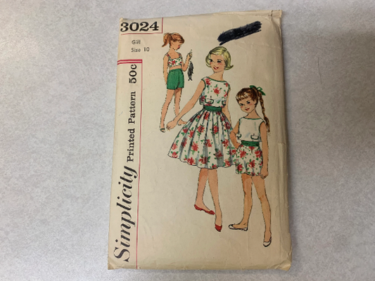 Simplicity Sewing Pattern 3024 Girls' Top, Shorts, Bra, Overblouse, Full Skirt, Cummerbund Size 10, Cut, Vintage 1960