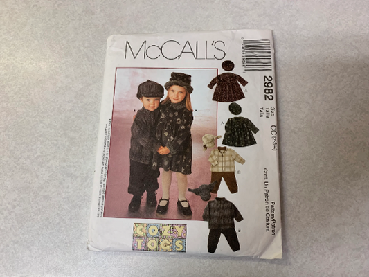 McCall's Sewing Pattern 2982, Toddlers Dress, Unlined Jacket, Pull-On Pants, Hats, Button Front, Collar, Zipper, Size 2-4, Uncut, 2000