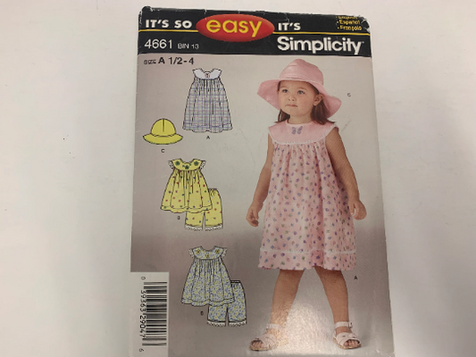 Simplicity Sewing Pattern 4661 Toddlers' Dress, Jumper, Top, Panties, Hat, Elastic Waist, Gathered Bodice, Sleeveless, Size 1/2-4, Uncut, 2005