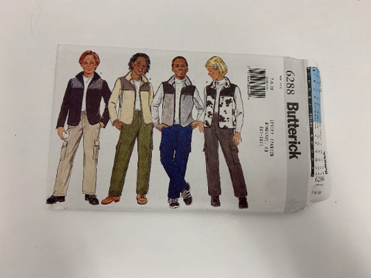 Butterick Sewing Pattern 6288 Girls'/Boys' Jacket, Vest, Pants, Collar, Zipper Front, Pockets, Long Sleeves, Sleeveless, Size 7-10, Uncut, Vintage 1999