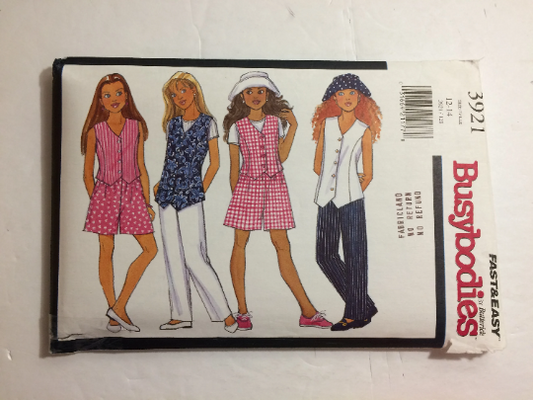 Butterick Sewing Pattern 3921 Girls' Vest, Top, Shorts, Pants & Hat, Semi-Fitted, Pullover, Short Sleeves, Size 12-14, Uncut, Vintage 1995