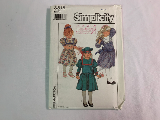 Simplicity Sewing Pattern 8818 Child's/Girls' Dress, Hat, Long/Short Sleeves, Square Collar, Dropped Waistline, Sash, Cuffs Size 3, Uncut, Vintage 1988