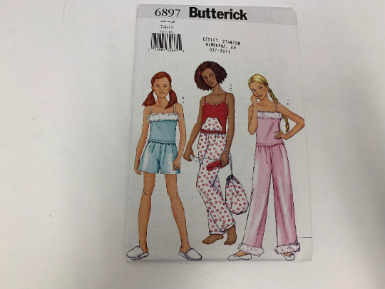 Butterick Sewing Pattern 6897 Girls' Top, Shorts, Pants, Bag, Mask, Pajamas, Close-Fitting, Pullover, Shoulder Straps, Pockets, Size 7-10, Uncut, 2000