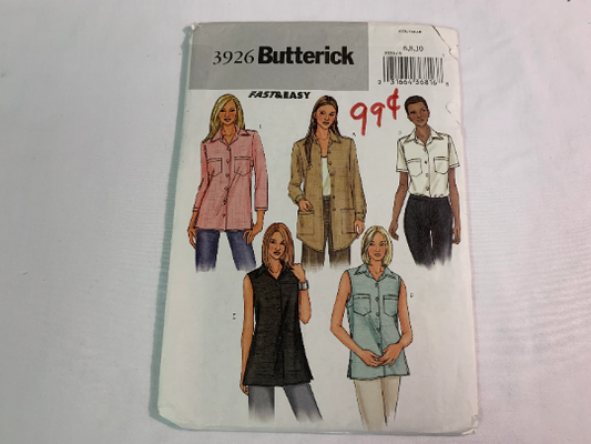 Butterick Sewing Pattern 3926 Misses' Blouses, Shirts, Button Front, 5 Variations, Long/Short Sleeves, Pockets, Size 6-10, Uncut, 2003
