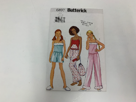Butterick Sewing Pattern 6897 Girls' Top, Shorts, Pants, Bag, Mask, Pajamas, Close-Fitting, Pullover, Shoulder Straps, Pockets, Size 12-16, Uncut, 2000