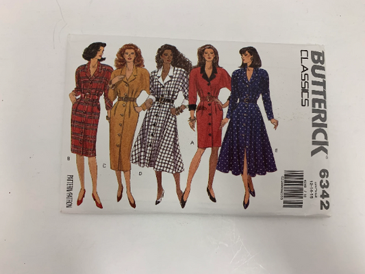 Butterick Sewing Pattern 6342 Misses' Dress, 3 Lengths, Collar, Shoulder Pads, Loose-Fitting, Long Sleeves, Pleats, Cuffs, Size 12-16, Cut, Vintage 1992