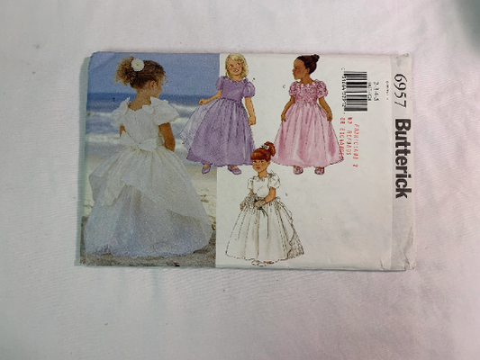 Butterick Sewing Pattern 6957 Girls' Dress, Close-Fitting, Zipper, Tie Ends, Flared Skirt, Overskirt, Short Puffy Sleeves, Size 2-5, Uncut, 2000