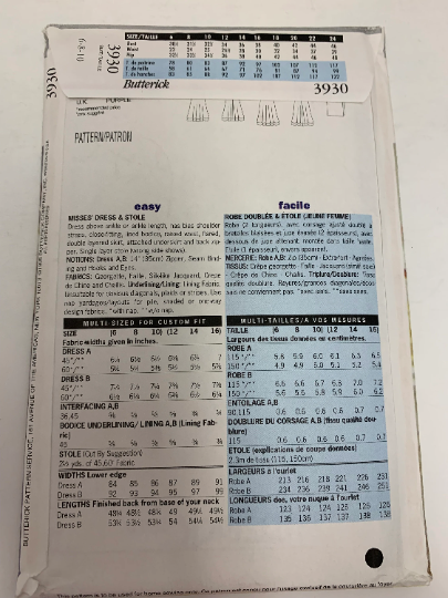 Butterick Sewing Pattern A. J. Bari 3930 Misses' Dress, Stole, Two Lengths, Close-Fitting, Flared Skirt, Underskirt, Zipper, Size 6-10, Uncut, Vintage 1995