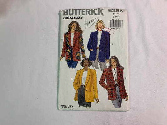 Butterick Sewing Pattern 6356 Misses' Jacket, Loose-Fitting, Shoulder Pads, Long Sleeves, Pocket, Unlined, Belt, Size 12-16, Cut, Vintage 1992