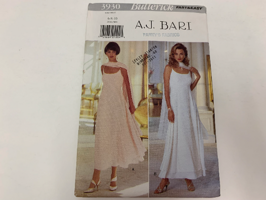 Butterick Sewing Pattern A. J. Bari 3930 Misses' Dress, Stole, Two Lengths, Close-Fitting, Flared Skirt, Underskirt, Zipper, Size 6-10, Uncut, Vintage 1995