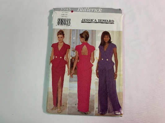 Butterick Sewing Pattern 3945 Jessica Howard Misses' Top, Skirt, Pants, Close-Fitting, Shawl Collar, Shoulder Pads, Princess Seams, Slit, Size 6-10, Uncut, Vintage 1995