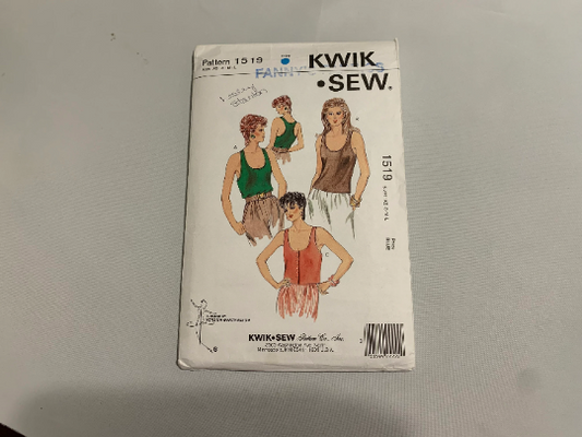 KWIK Sewing Pattern 1519 Misses' Shirt, Tank Top, Scoop Neckline, Wrestler Style, Front Button, Sleeveless, Waist Length, Size XS-L, Uncut, Vintage 1986