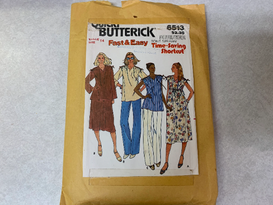 Butterick Sewing Pattern 6513 Maternity Dress, Tunic, Pants, Skirt, Loose-Fitting Pockets, Long/Short Sleeves, Pull-on, Size 14, Cut, Vintage 1990