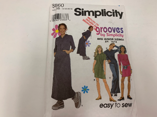 Simplicity Grooves Sewing Pattern 8860 Misses'/Juniors' Knit Dress, Top, Pants, Pullover, Round Neckline, Two Lengths, Pockets, Long/Short Sleeves, Size 15-16, Cut, Vintage 1999