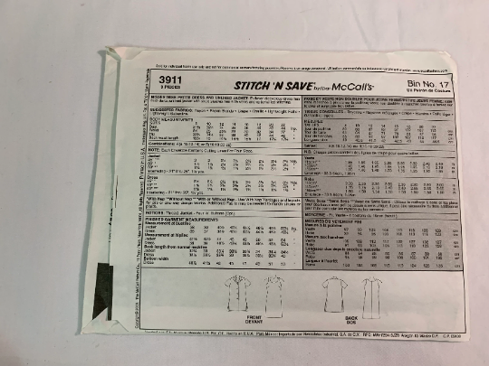 McCall's Sewing Pattern 3911 Misses'/Miss Petite Unlined Jacket, Sleeveless Dress, Loose-Fitting, Two Lengths, Button Front, Pullover, Size 8-14, Uncut, 2003