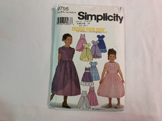 Simplicity Sewing Pattern 9795 Girls' Dress, Sleeveless, Short Sleeves, Petticoat, Sash, 8 Variations, Bows, High Waist, Size 7-14, Uncut, 2001