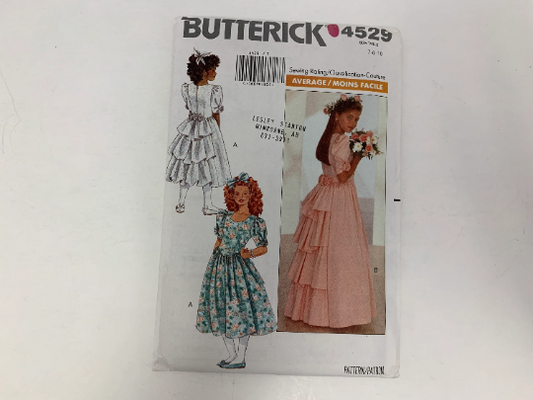 Butterick Sewing Pattern 4529 Children's/Girls Dress, Two Lengths, Semi-Fitted, Dropped Waist, Ruffles, Short Sleeves, Size 7-10, Uncut, Vintage 1989