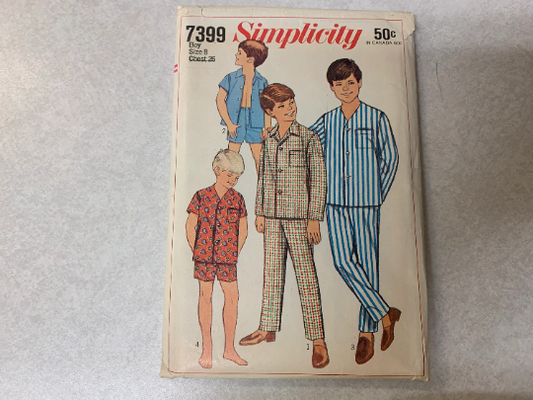 Simplicity Sewing Pattern 7399, Boys' Pajamas, Pants, Top, Shorts, Button/Snap Front, Pocket, Long/Short Sleeves, Collar, Size 8, Cut, Vintage 1967