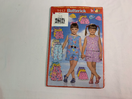Butterick Sewing Pattern 5442 Girls' Top, Romper, Skirt, Shorts, Pants, Hat, Size 5-6x, Uncut, Vintage 1998