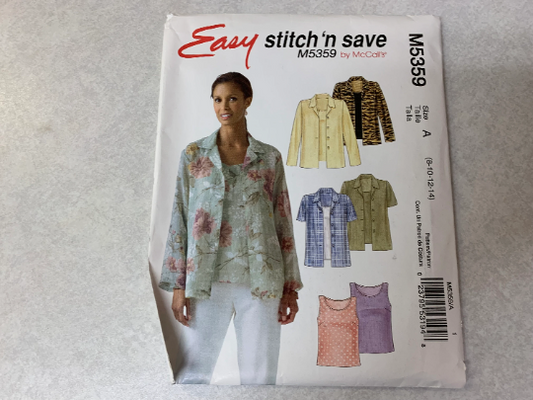McCall's Sewing Pattern Stitch 'n Save M4342 Misses' Shirt, Tops, Front Button, Pullover, Long/Short Sleeves, Darts, Collar, Size 8-14, Cut, 2004