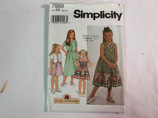 Simplicity Sewing Pattern 7989 Girls' Dress, Two Lengths, Short Kimono Sleeves, Zipper, Sleeveless, Flared Skirt, Jacket, Size 5-8, Uncut, Vintage 1997