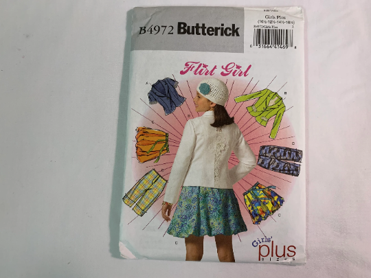 Butterick Sewing Pattern Flirt Girl B4972 Girls'/Girls' Plus Jacket, Dress, Skirt, Pants, Princess Seams, Shawl Collar, Button Front, Size 10 1/2- 16 1/2, Uncut