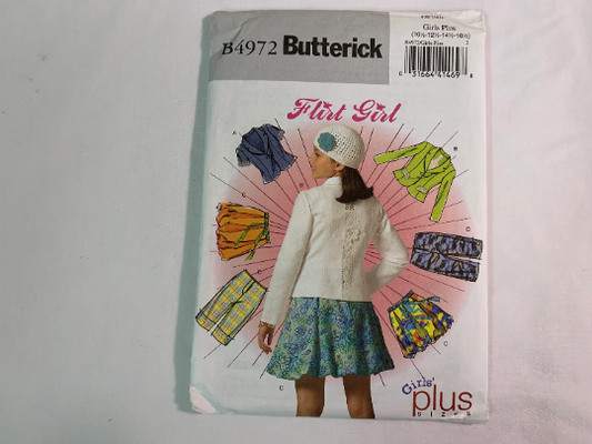 Butterick Sewing Pattern Flirt Girl B4972 Girls'/Girls' Plus Jacket, Dress, Skirt, Pants, Princess Seams, Shawl Collar, Button Front, Size 10 1/2- 16 1/2, Uncut