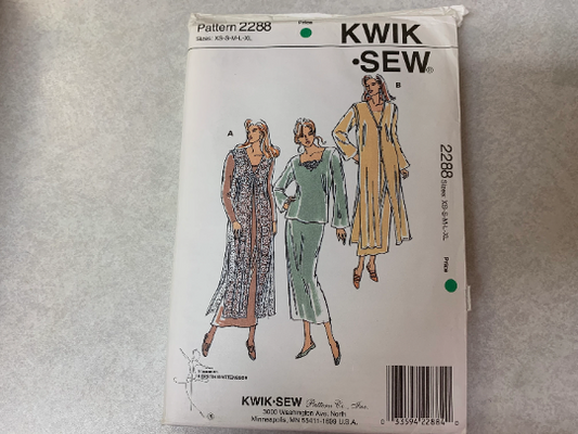 KWIK Sewing Pattern 2288 Misses' Skirt, Vest, Top, Dress, Slim, Slit, Sleeveless, Long Sleeves, Pull-On, Pullover, Size XS-XL, Uncut, Vintage 1993