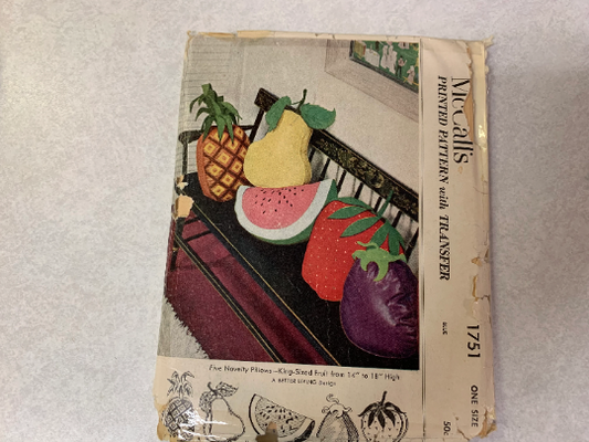 Vintage McCall's Sewing Pattern 1751 Craft Pillows, Pineapple, Pear, Watermelon, Eggplant, Strawberry, Inner, Pillows, Leaves, Stems, Uncut, Vintage 1950