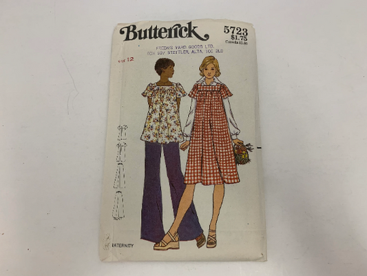 Butterick Sewing Pattern 5723 Misses' Maternity Dress, Top, Pants, Loose-Fitting, Flared, Long/Short Sleeves, Elastic Waist, Size 12, Uncut, Vintage 1980