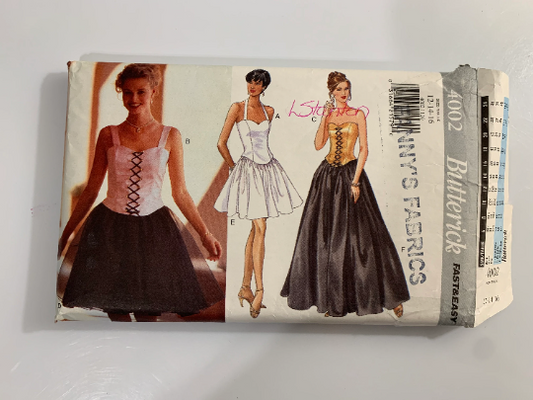 Butterick Sewing Pattern 4002 Misses' Skirt, Top, Close-Fitting, Princess Seams, Zipper, Two Lengths, Ruffles, Full Skirt, Cut, Size 12, Vintage 1995
